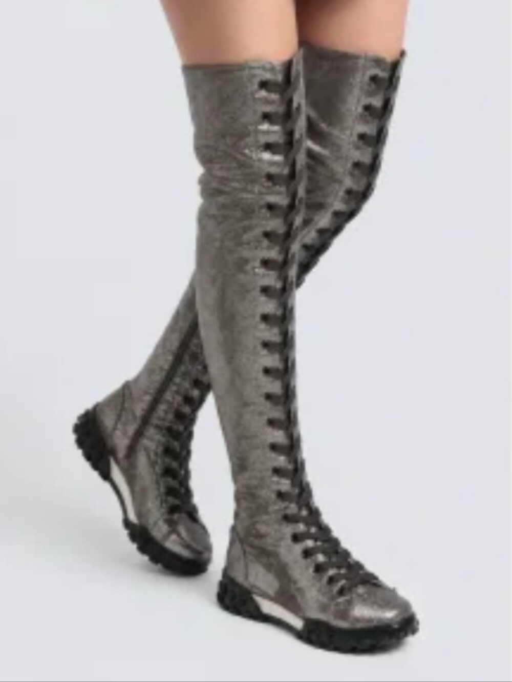 Emporio Armani Over-the-Knee Lace-Up Grey Metallic Sneaker Boots